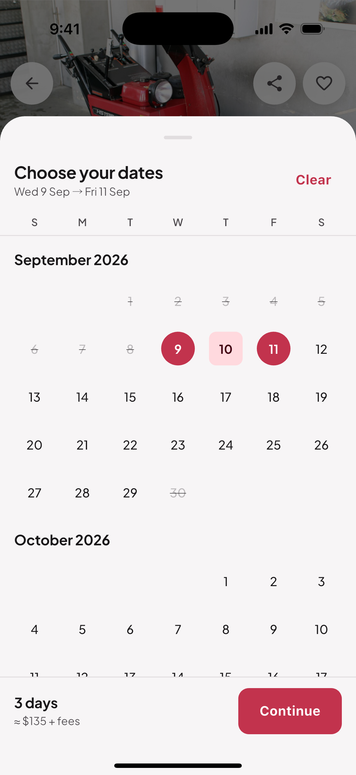 The booking calendar with dates selected and a full price breakdown.