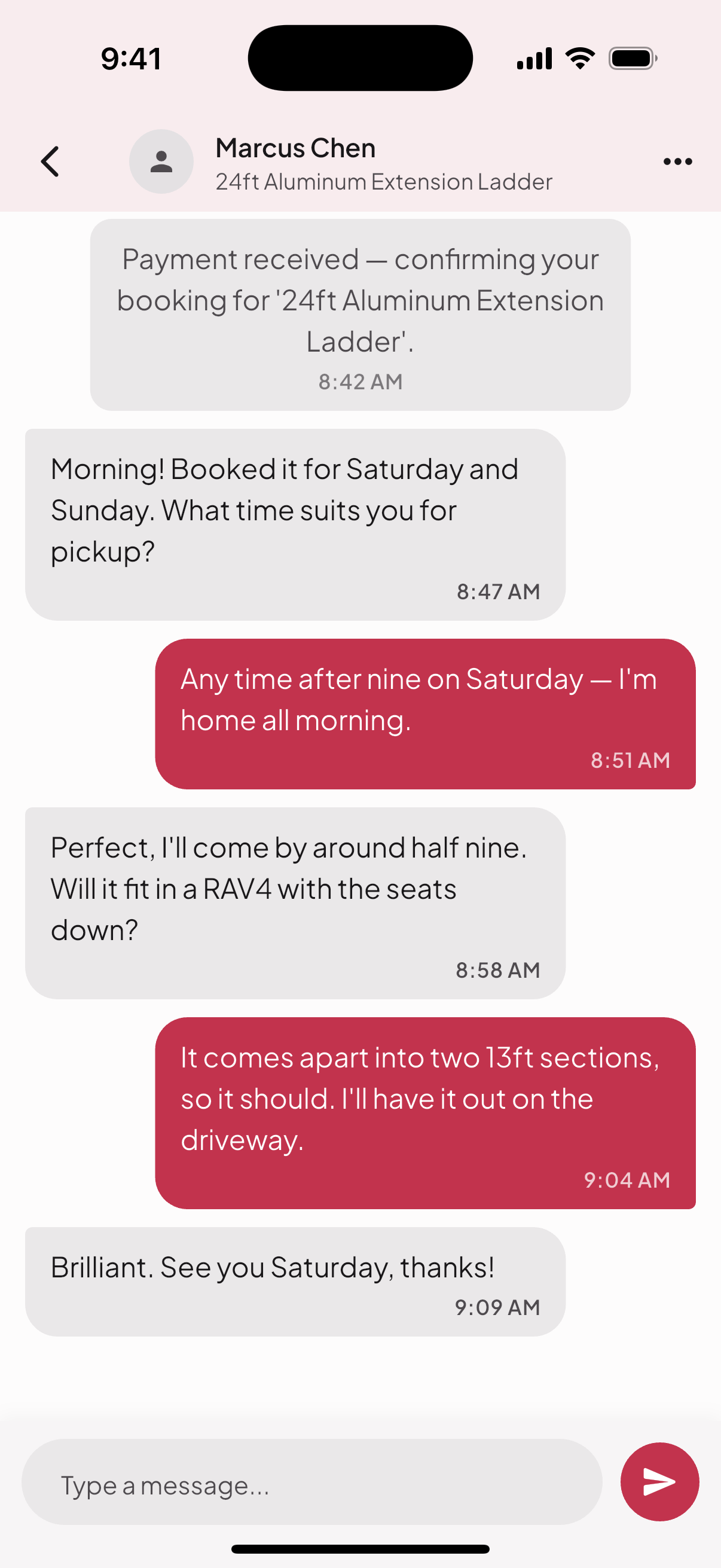 A renter and an owner in the app arranging a Saturday morning pickup.