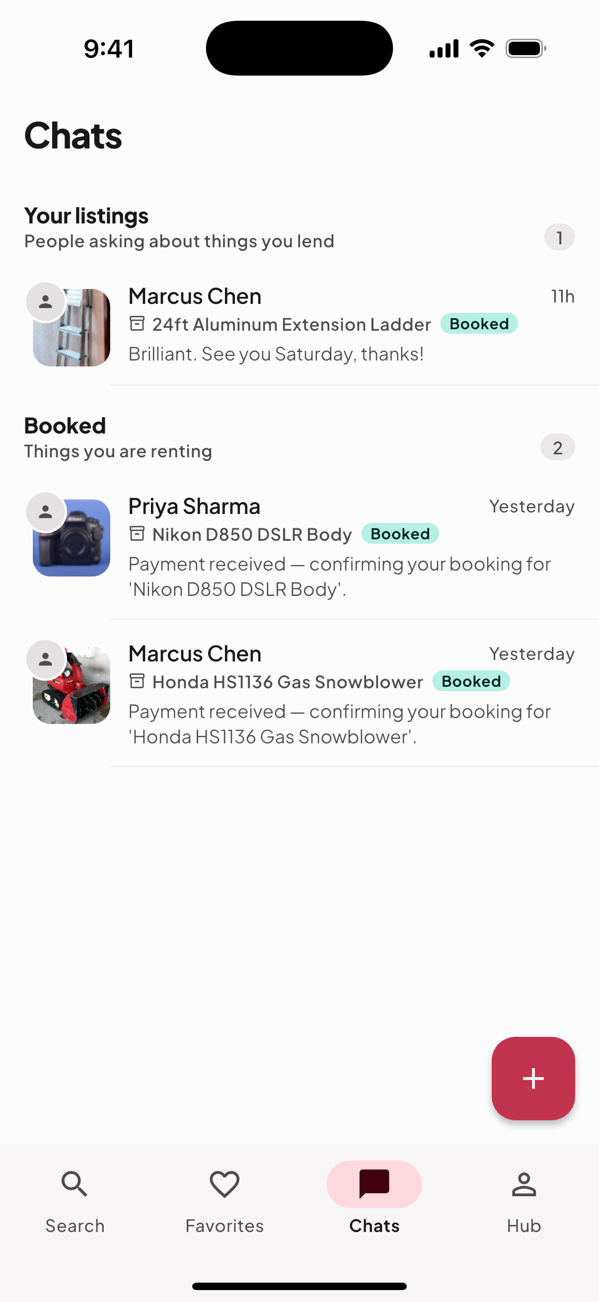 An owner's inbox in the app, showing people asking about the things they lend.