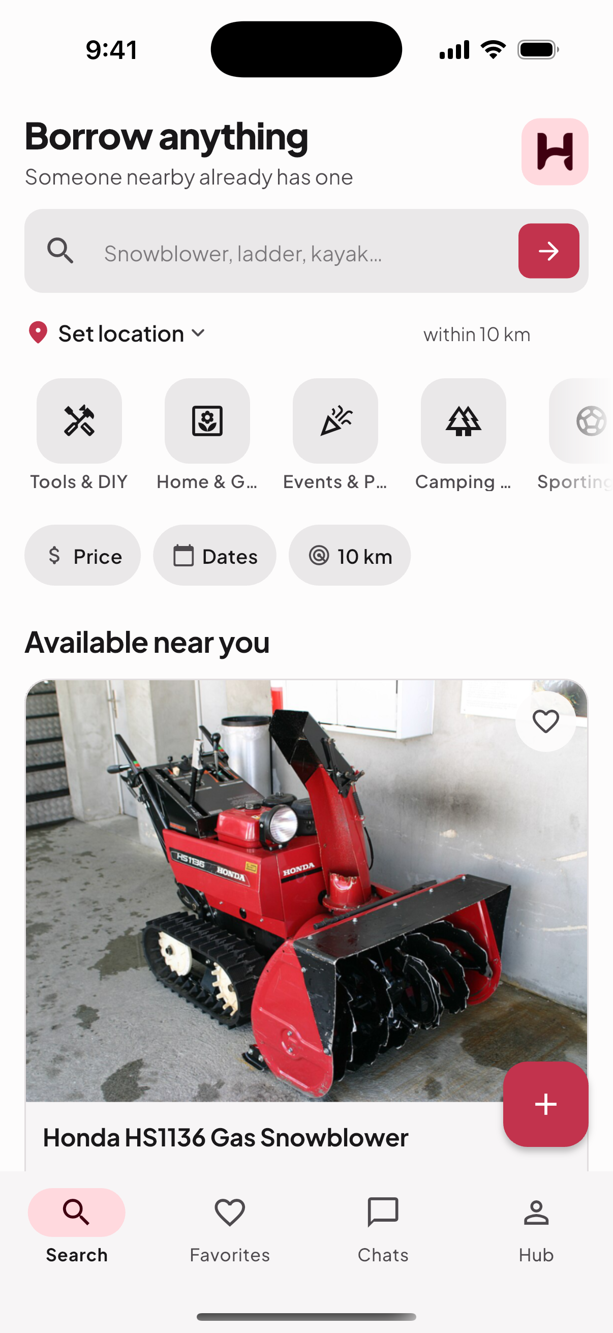 The Hoopo app showing tools and equipment available to borrow nearby, with prices per day.
